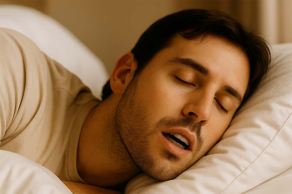 Paciente usando férula de descarga nocturna para el bruxismo en clínica dental en Albacete