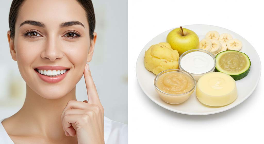 Paciente sonriendo tras un implante dental acompañado de alimentos suaves recomendados