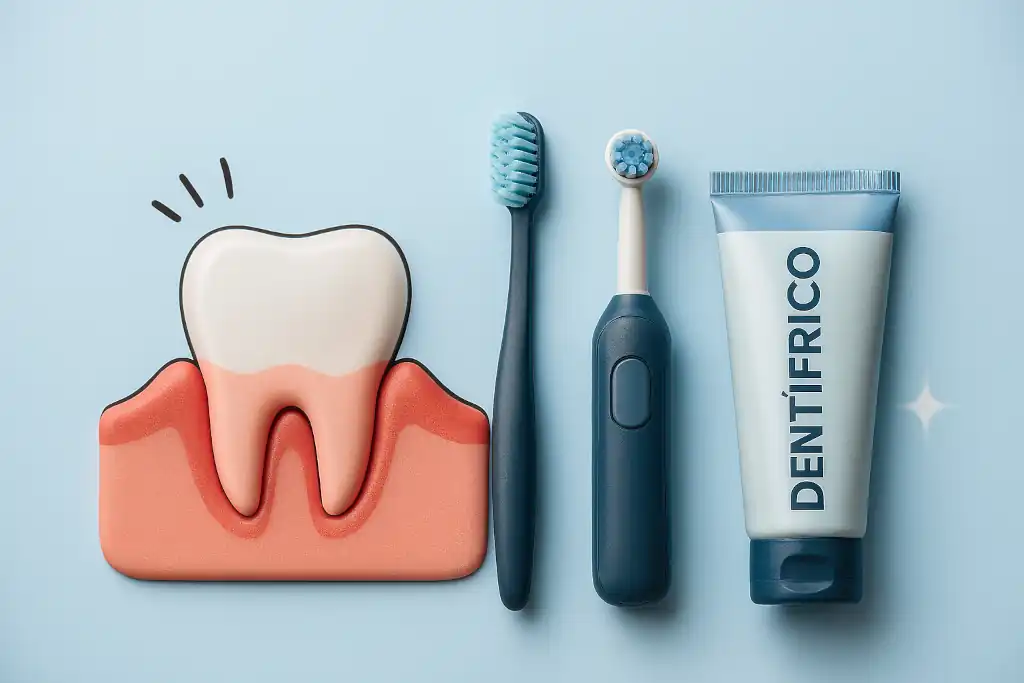 Cepillo de filamentos extrasuaves y pasta dentífrica especial para encías sensibles sobre fondo claro, con hojas verdes que transmiten frescura y salud Cepillo de filamentos extrasuaves y pasta dentífrica especial para encías sensibles sobre fondo claro, con hojas verdes que transmiten frescura y salud