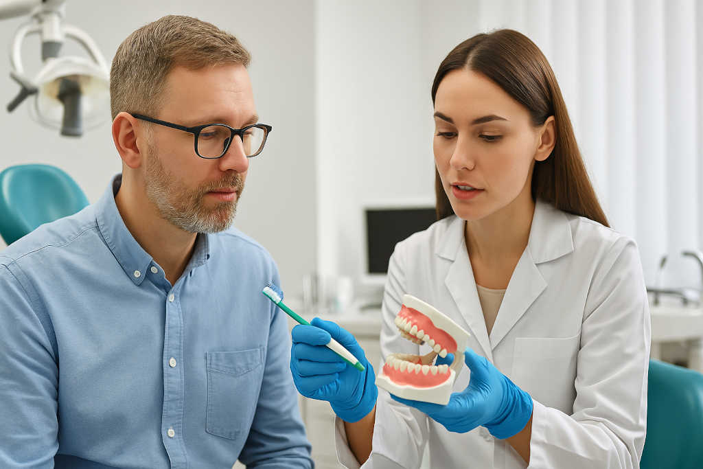 Paciente diabético recibiendo asesoramiento de higiene bucodental en clínica dental de Albacete